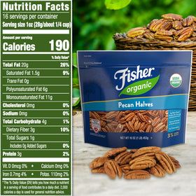 Close-up of Fisher Organic Pecans Halves reveals rich, buttery texture and fresh flavor.