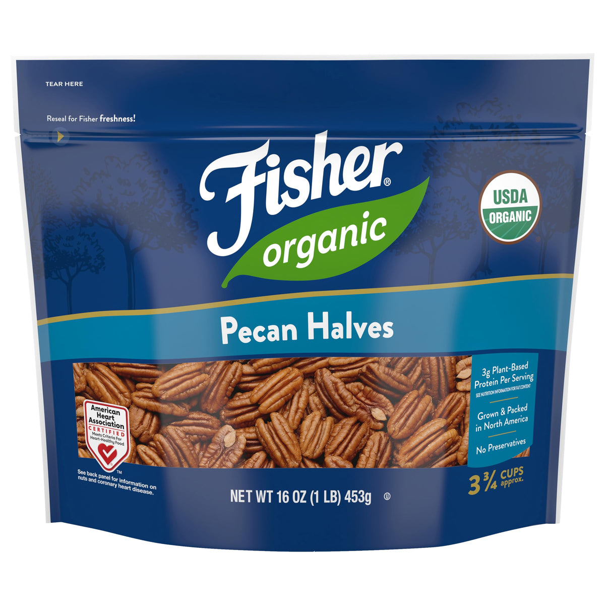 Fisher Chef's Naturals pecans halves packaging shows premium organic nuts for clean snacking.