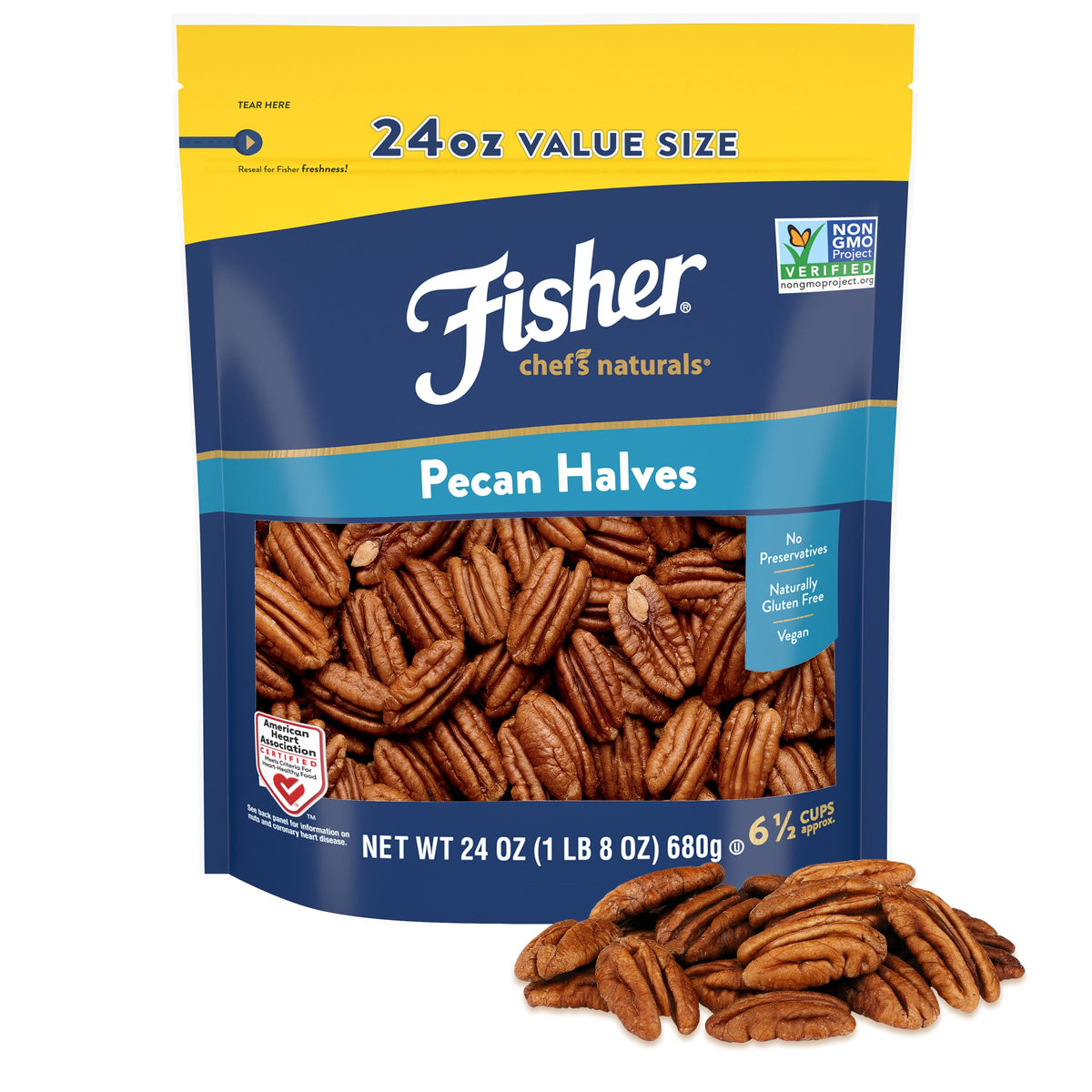 Fisher Chef's Naturals pecans in resealable bag close-up for fresh snacking