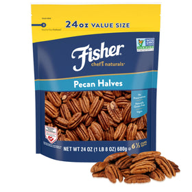 Fisher Chef's Naturals pecans in resealable bag close-up for fresh snacking