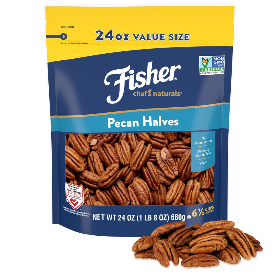 Fisher Chef's Naturals pecans in resealable bag close-up for fresh snacking