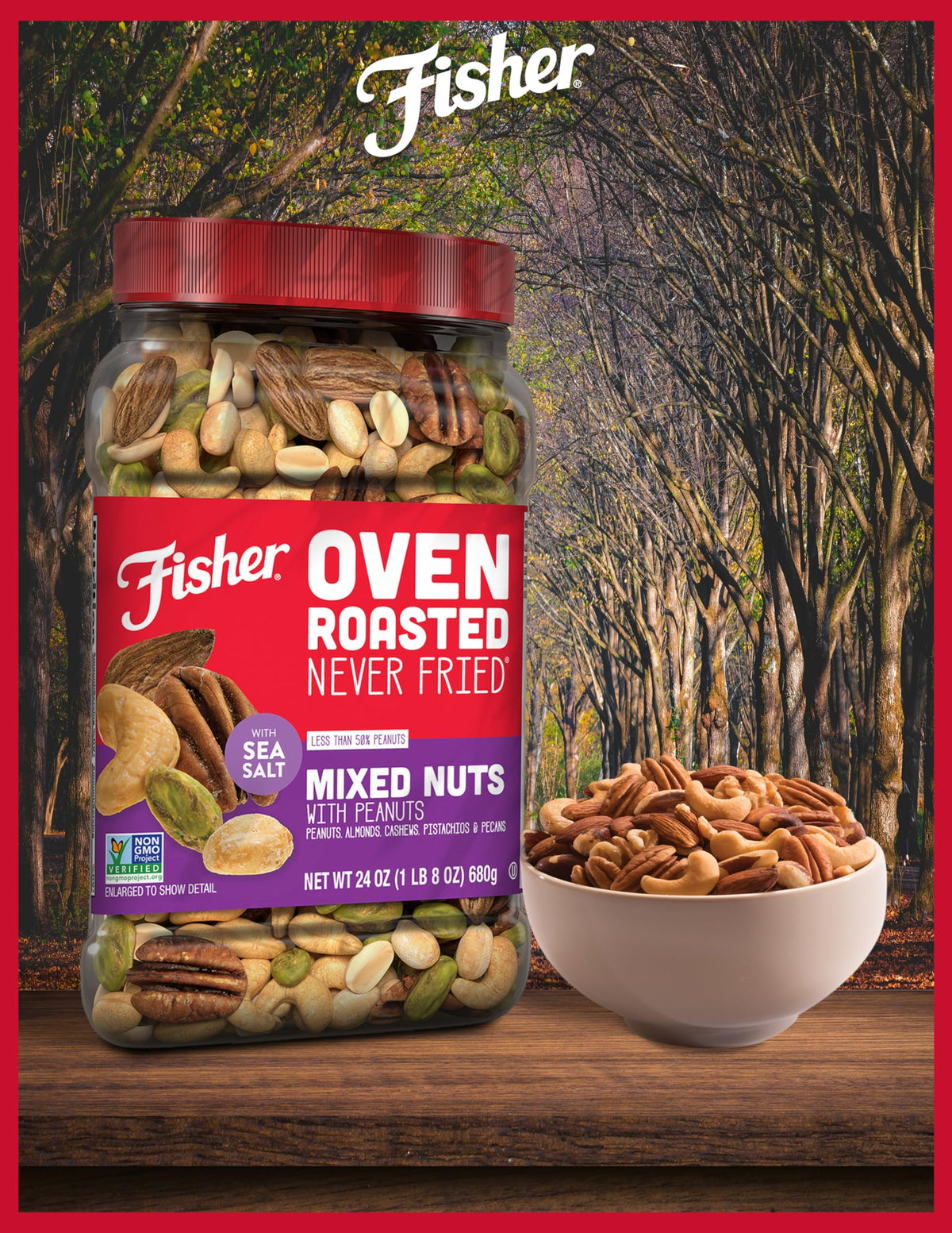 Plant-based protein from Fisher Chef's Naturals mixed nuts highlighted for healthy snacking