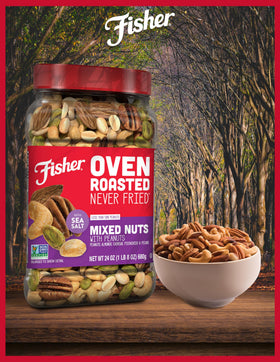 Plant-based protein from Fisher Chef's Naturals mixed nuts highlighted for healthy snacking