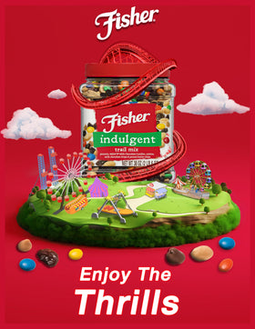 Fisher Chef's Naturals Indulgent Trail Mix canister with mixed chips and nuts