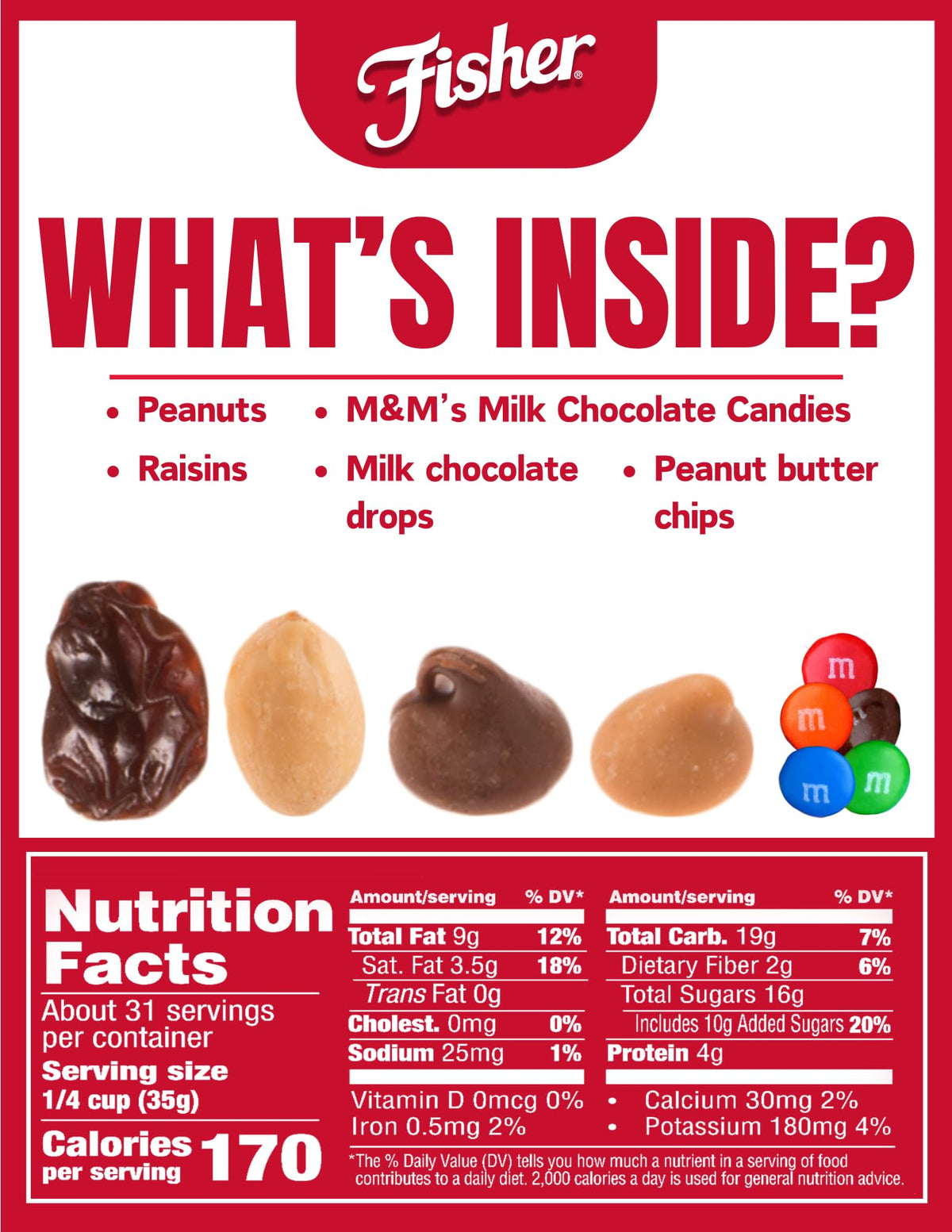 Fisher Chef's Naturals trail mix close-up showing peanuts for crunch