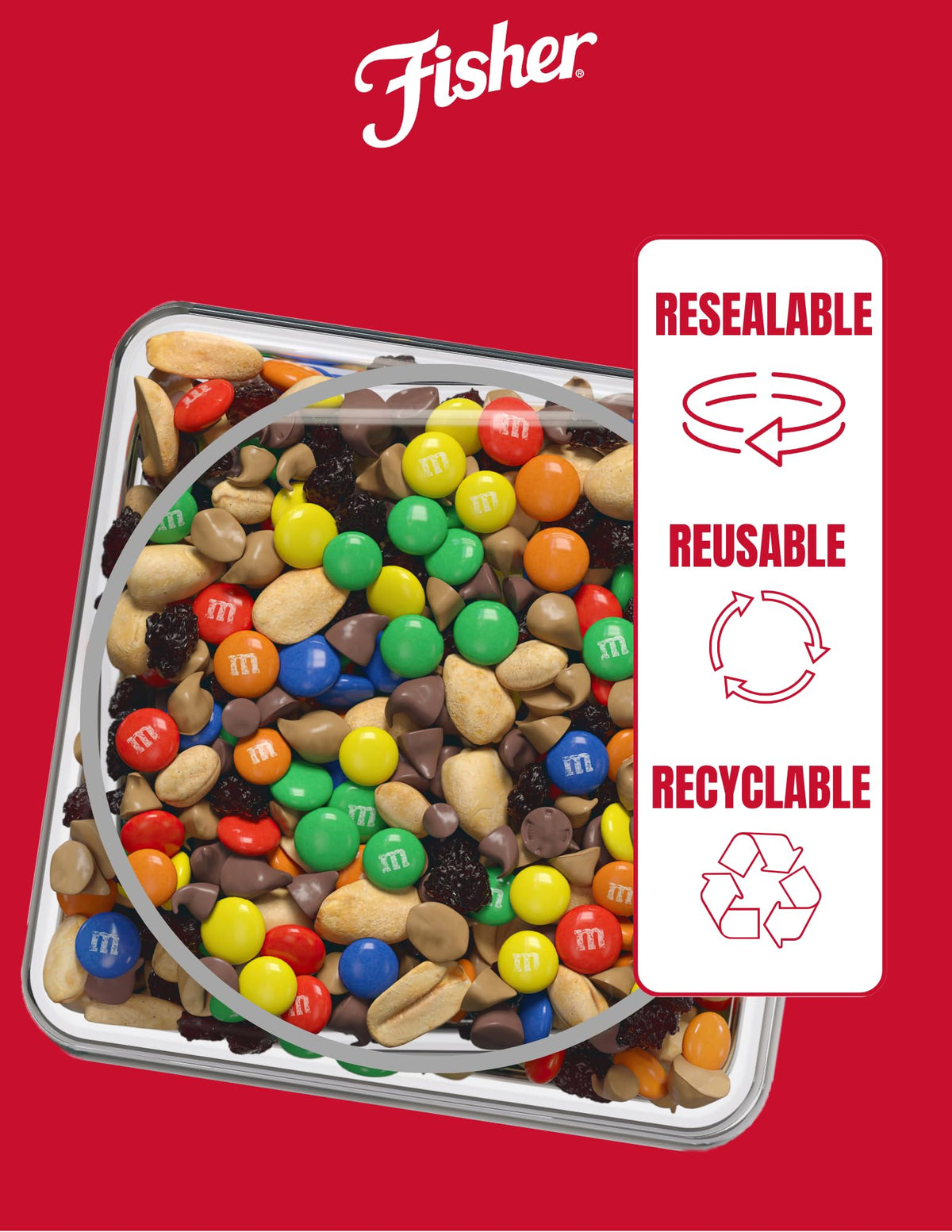 Fisher Chef's Naturals trail mix close-up highlighting raisins for natural sweetness