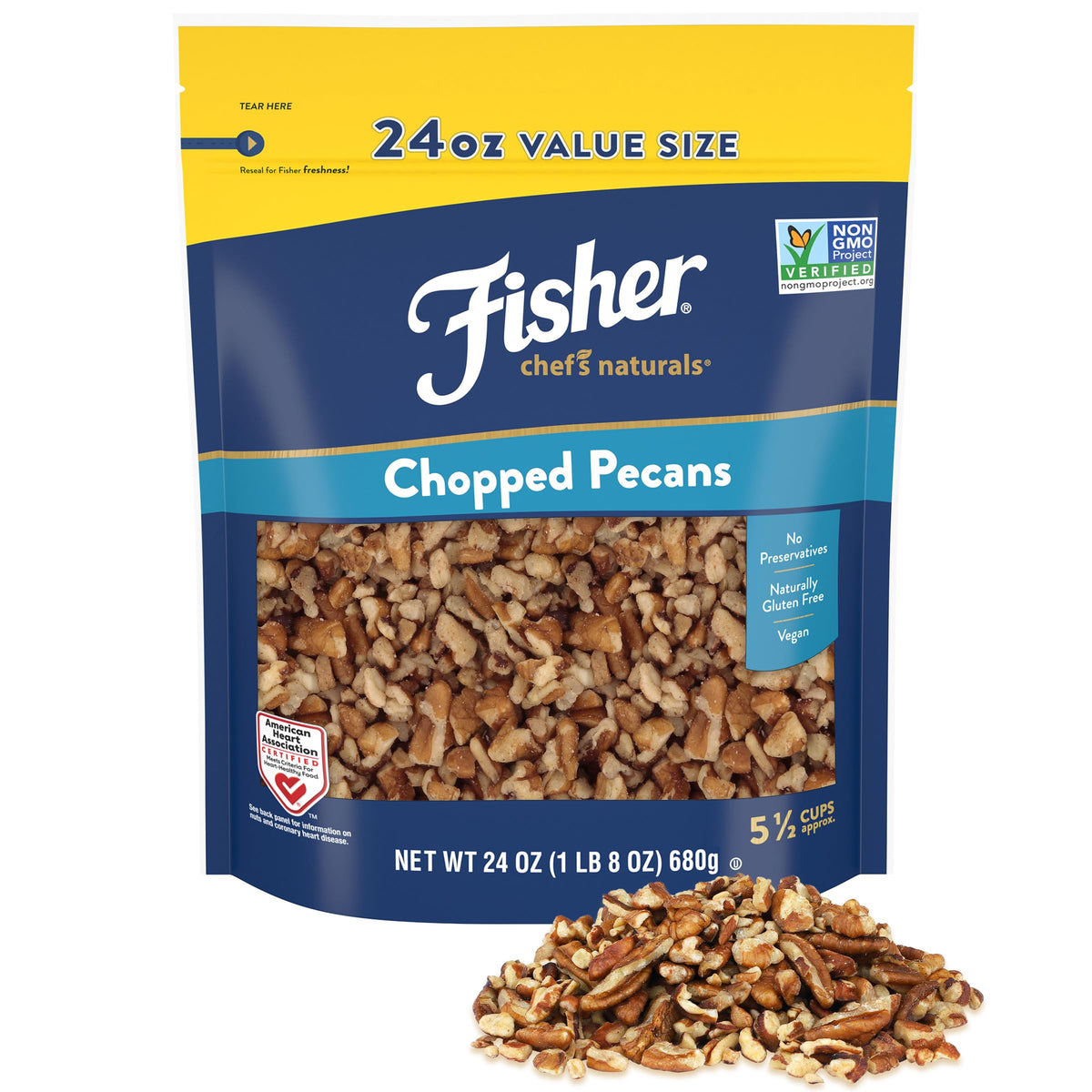 Fisher Chef's Naturals unsalted chopped pecans in resealable bag ready for baking and snacking