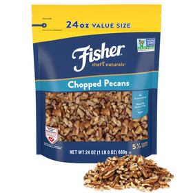 Fisher Chef's Naturals unsalted chopped pecans in resealable bag ready for baking and snacking