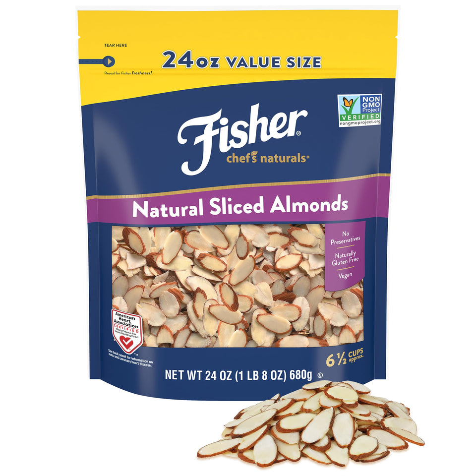 Fisher Chef's Naturals Unsalted Sliced Almonds in a 24oz bag, ideal for cooking and snacking.