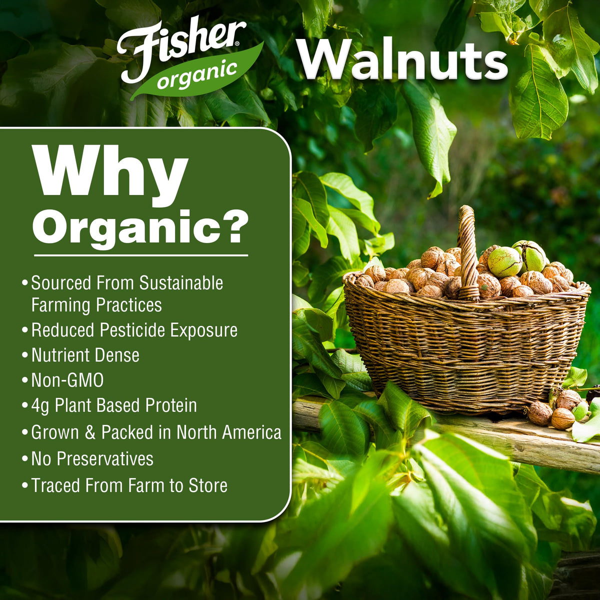 Fisher Chef's Naturals unsalted walnuts pour from bag, ideal for quick toppings.