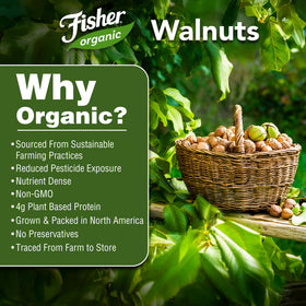 Fisher Chef's Naturals unsalted walnuts pour from bag, ideal for quick toppings.