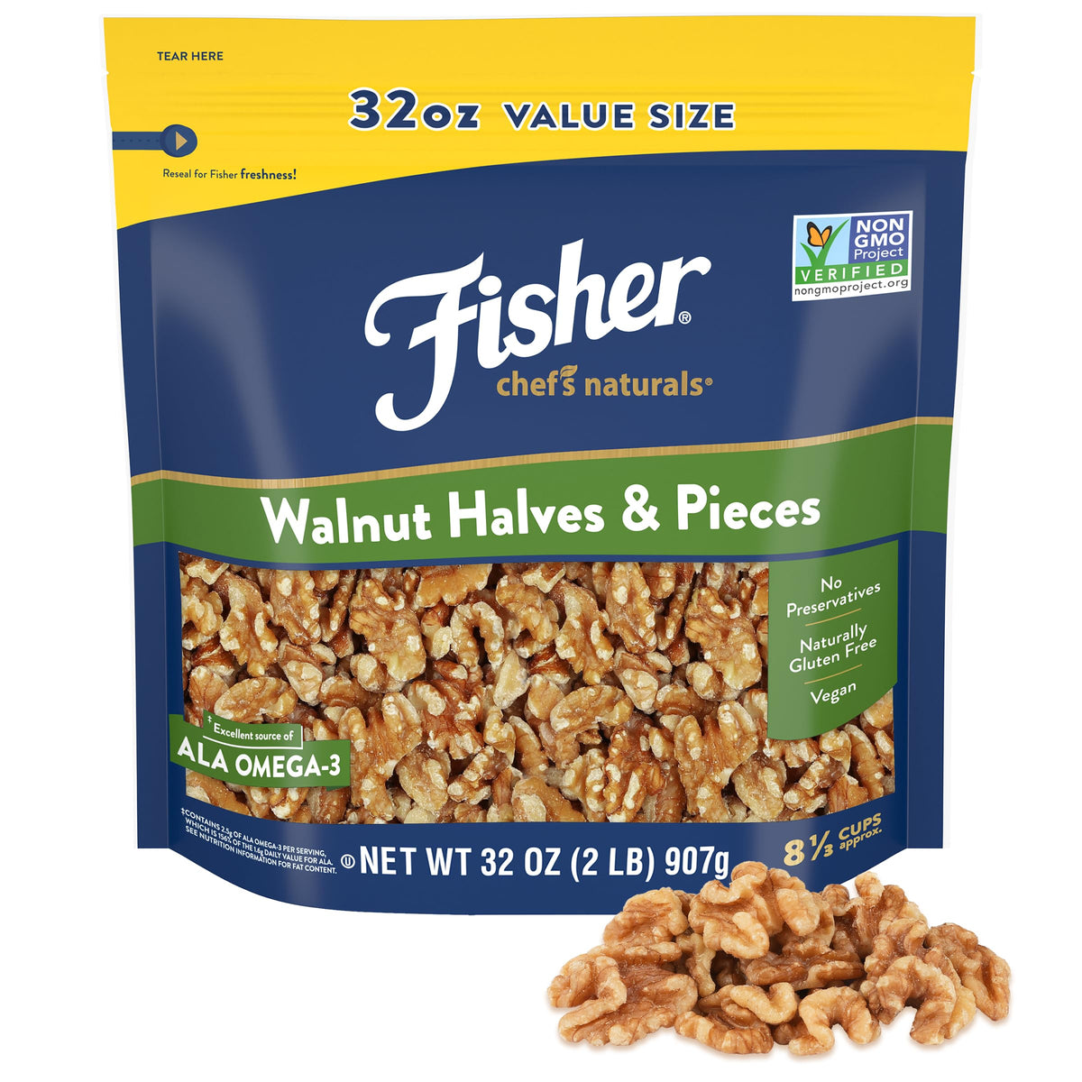 Fisher Chef's Naturals walnut halves and pieces in a 2 lb bag, ideal for baking