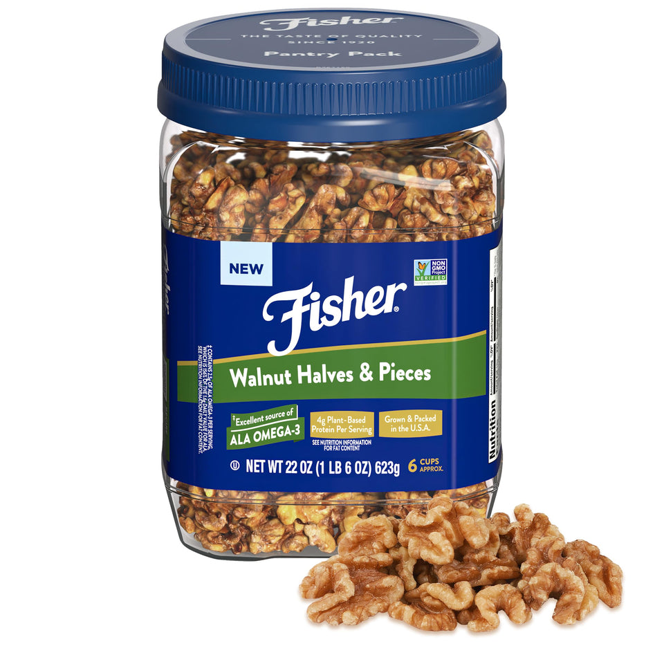 Fisher Chef's Naturals walnuts halves and pieces ready for baking and snacking.