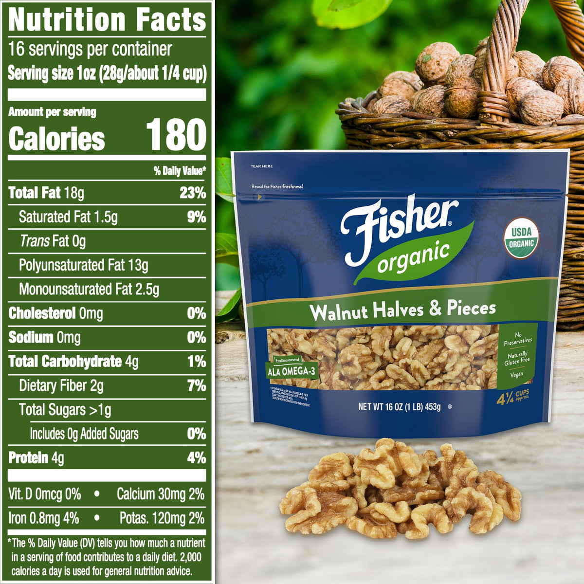 Fisher Chef's Naturals walnuts in a bowl show rich, unsalted flavor for recipes.