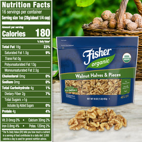 Fisher Chef's Naturals walnuts in a bowl show rich, unsalted flavor for recipes.