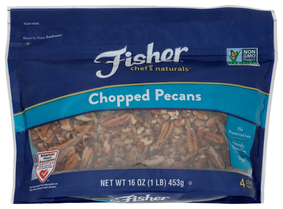 Fisher Chef's Naturals chopped pecans in a 16 oz zip-lock bag, ideal for baking and dessert toppings.
