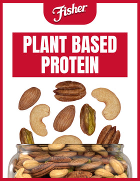 Fisher Deluxe Mixed Nuts ingredients with sea salt highlight simple two-ingredient formula.