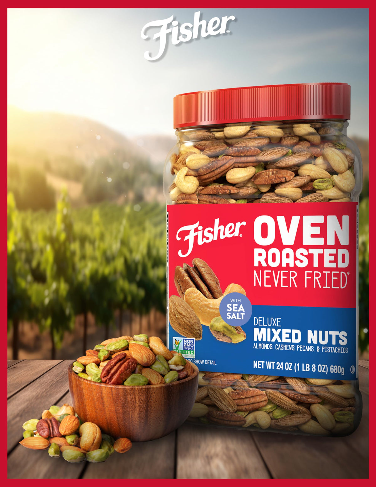 Fisher Deluxe Mixed Nuts ready for party snacking on a tray.