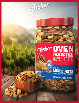 Fisher Deluxe Mixed Nuts ready for party snacking on a tray.