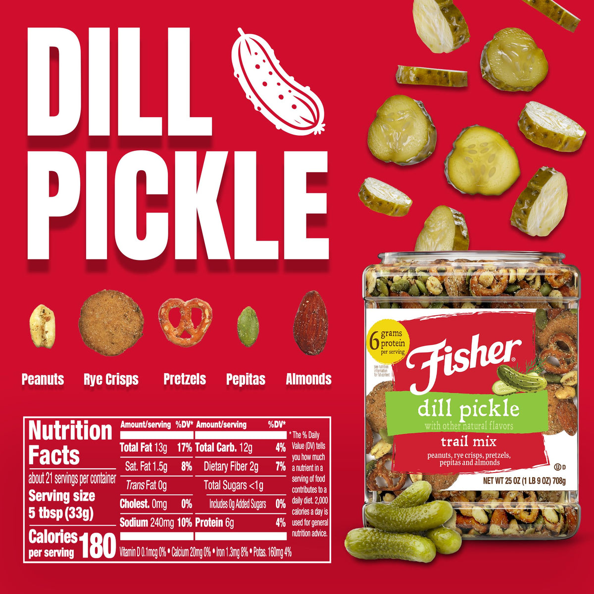 Close-up of peanuts, rye crisps, and pretzels in Fisher Dill Pickle Trail Mix, savory snack.