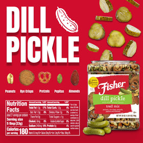 Close-up of peanuts, rye crisps, and pretzels in Fisher Dill Pickle Trail Mix, savory snack.