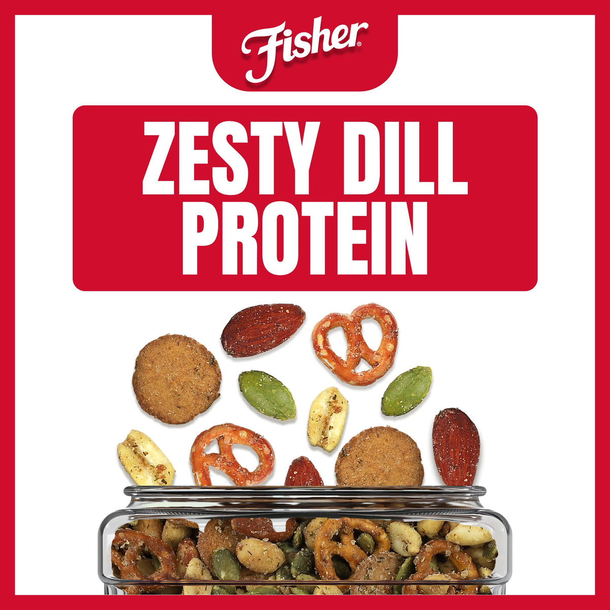 Fisher Dill Pickle Trail Mix jar ready for sharing at work or home.