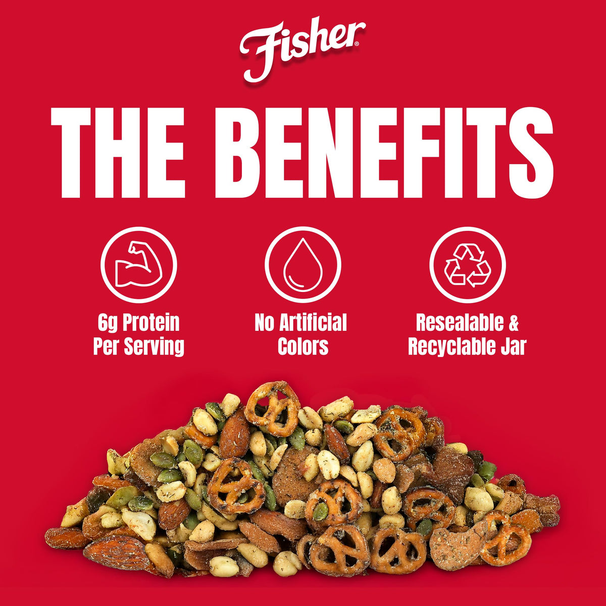 Fisher Dill Pickle Trail Mix resealable lid keeps crunch fresh.