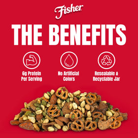 Fisher Dill Pickle Trail Mix resealable lid keeps crunch fresh.