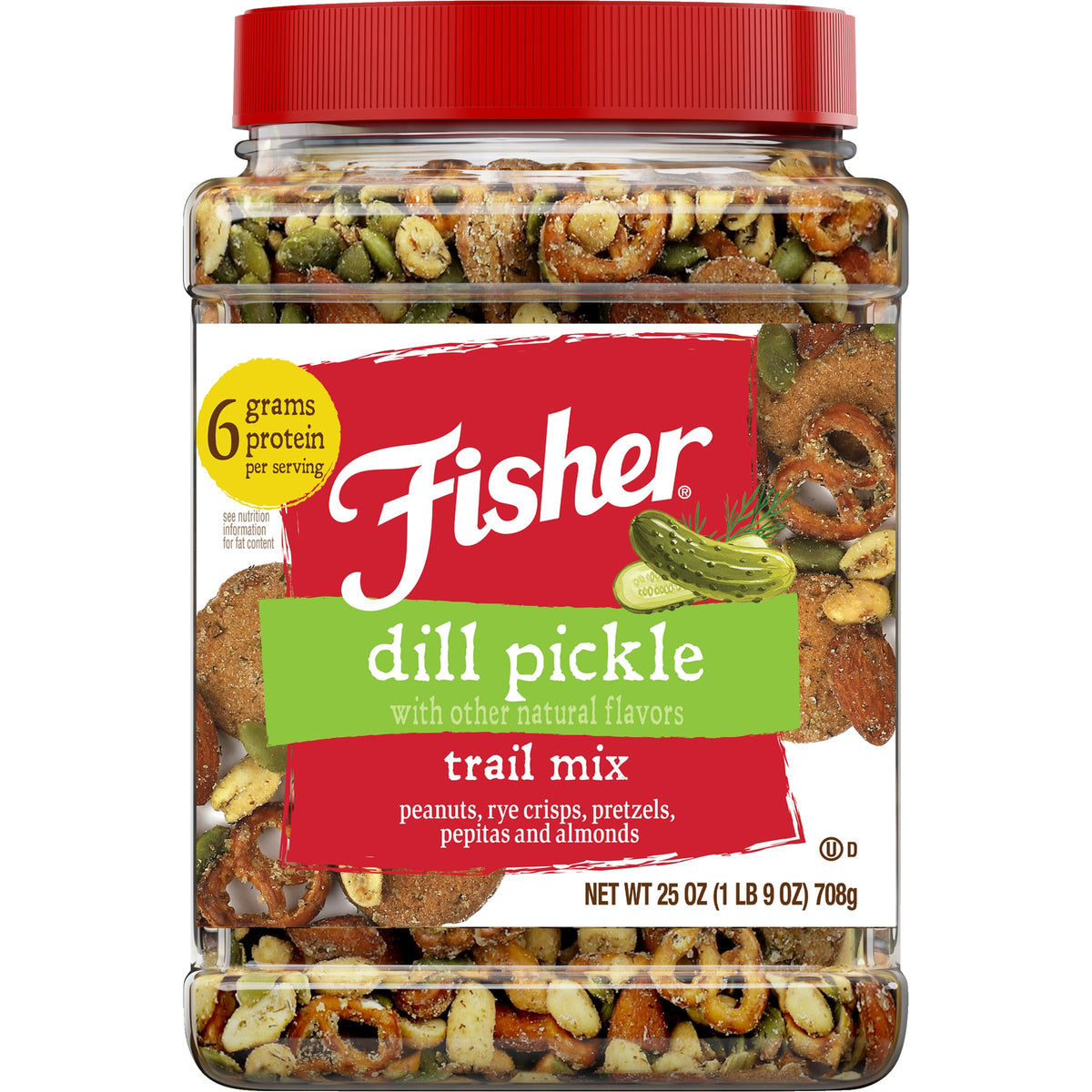 Fisher Dill Pickle Trail Mix jar displaying bold flavor in a resealable on-the-go container.