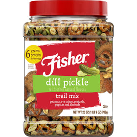 Fisher Dill Pickle Trail Mix jar displaying bold flavor in a resealable on-the-go container.