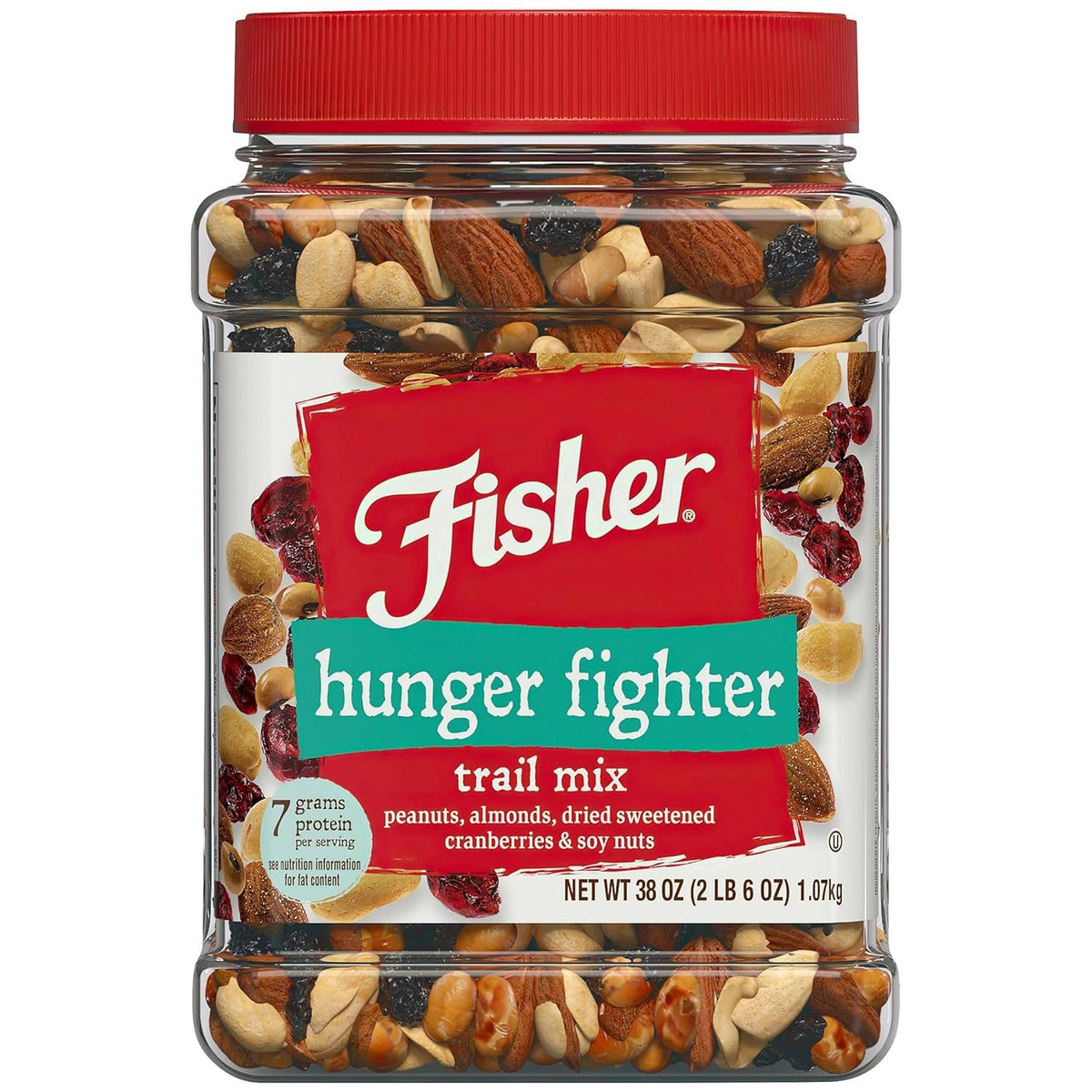 Fisher Hunger Fighter Trail Mix canister for convenient on-the-go snacking.
