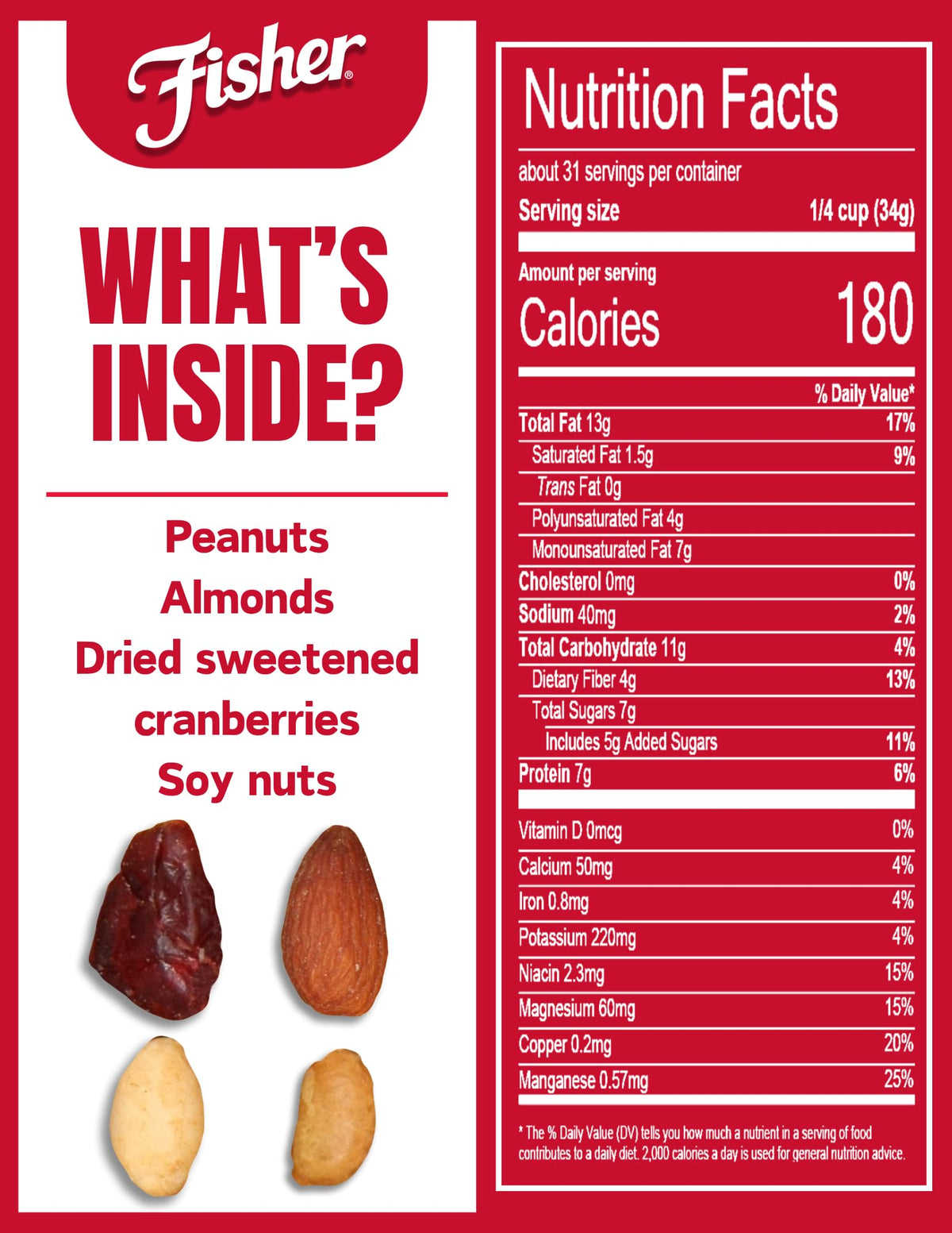 Close-up of Fisher Hunger Fighter Trail Mix ingredients including nuts for a crunchy snack.