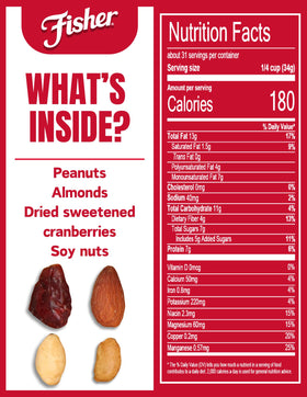 Close-up of Fisher Hunger Fighter Trail Mix ingredients including nuts for a crunchy snack.