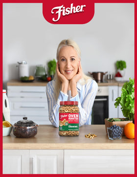 Fisher nuts vegan gluten-free label signals plant-based snacking option.