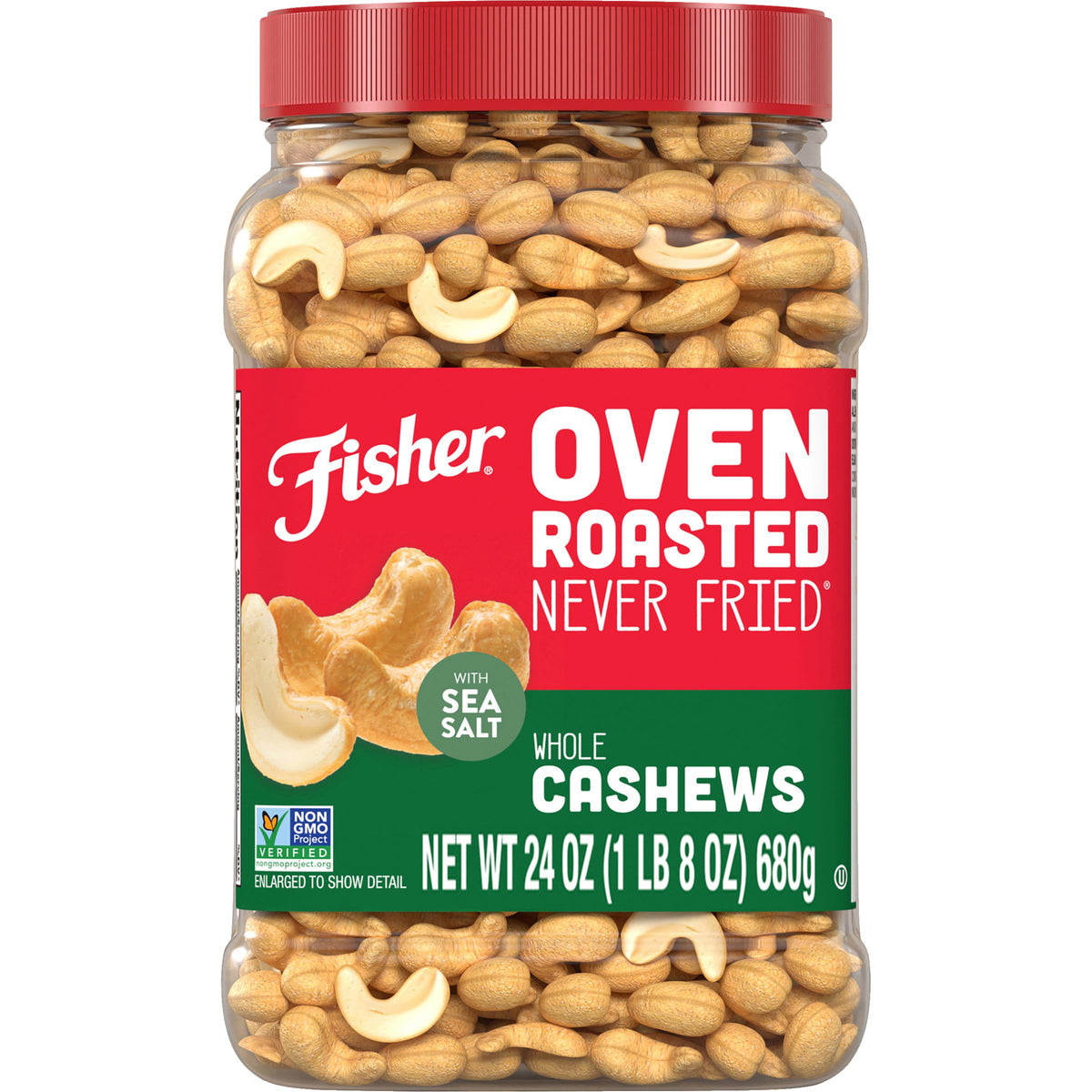 Fisher Oven Roasted Never Fried cashews in a jar showing oil-free crunch.