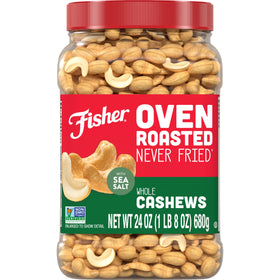 Fisher Oven Roasted Never Fried cashews in a jar showing oil-free crunch.