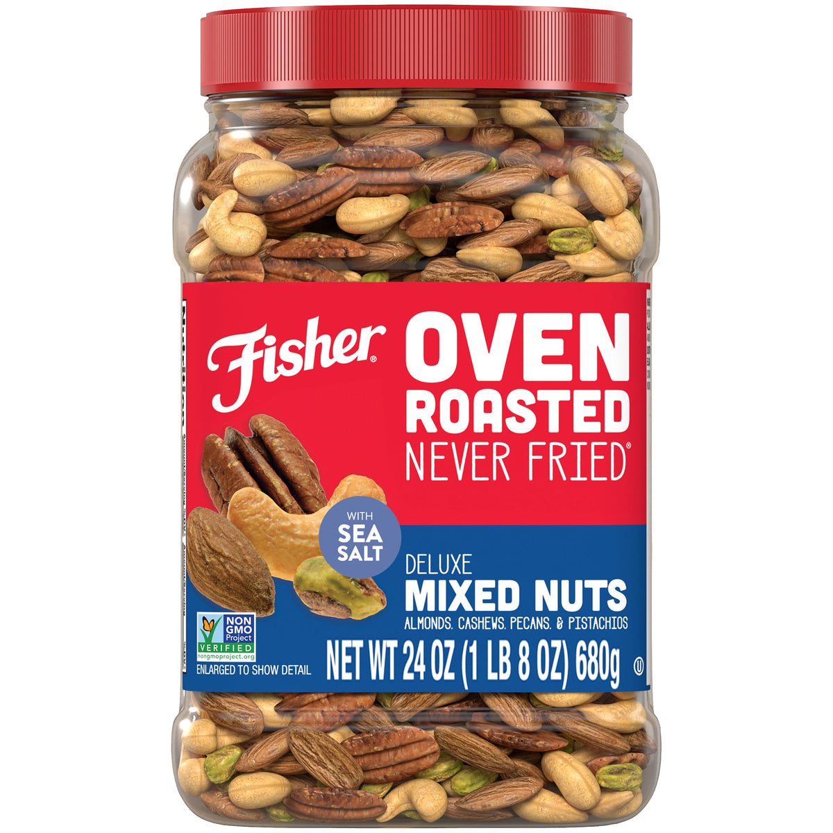 Fisher Oven Roasted Never Fried Deluxe Mixed Nuts canister for easy on-the-go snacking.