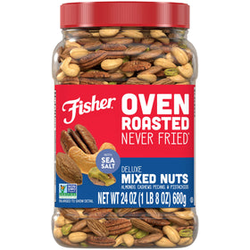 Fisher Oven Roasted Never Fried Deluxe Mixed Nuts canister for easy on-the-go snacking.