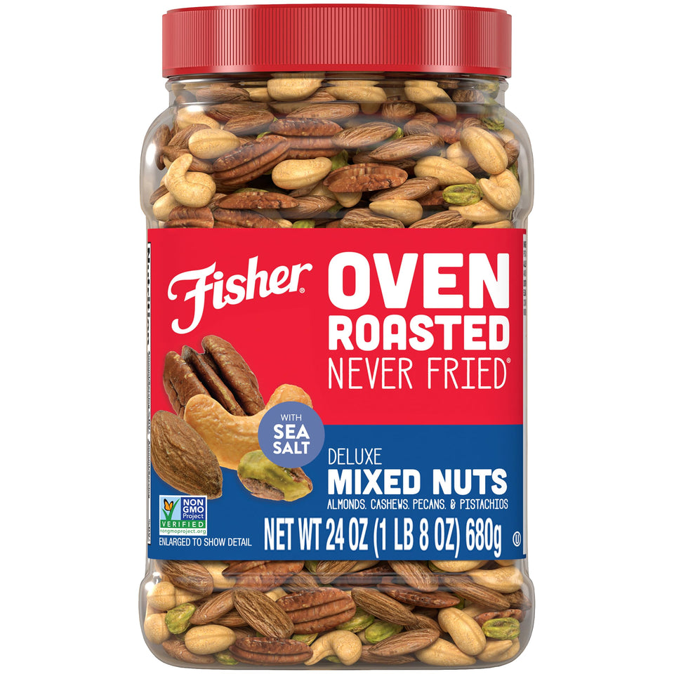 Fisher Oven Roasted Never Fried Deluxe Mixed Nuts canister for easy on-the-go snacking.