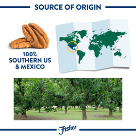 Fisher pecans North American origin label on bag, non-GMO and gluten-free