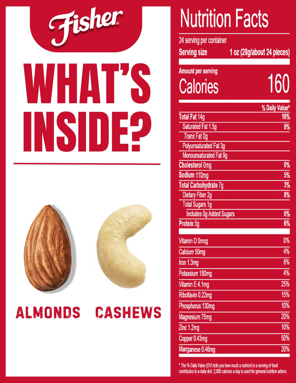 Fisher Almond & Cashew Blend close-up shows crunchy texture and salt sparkle.