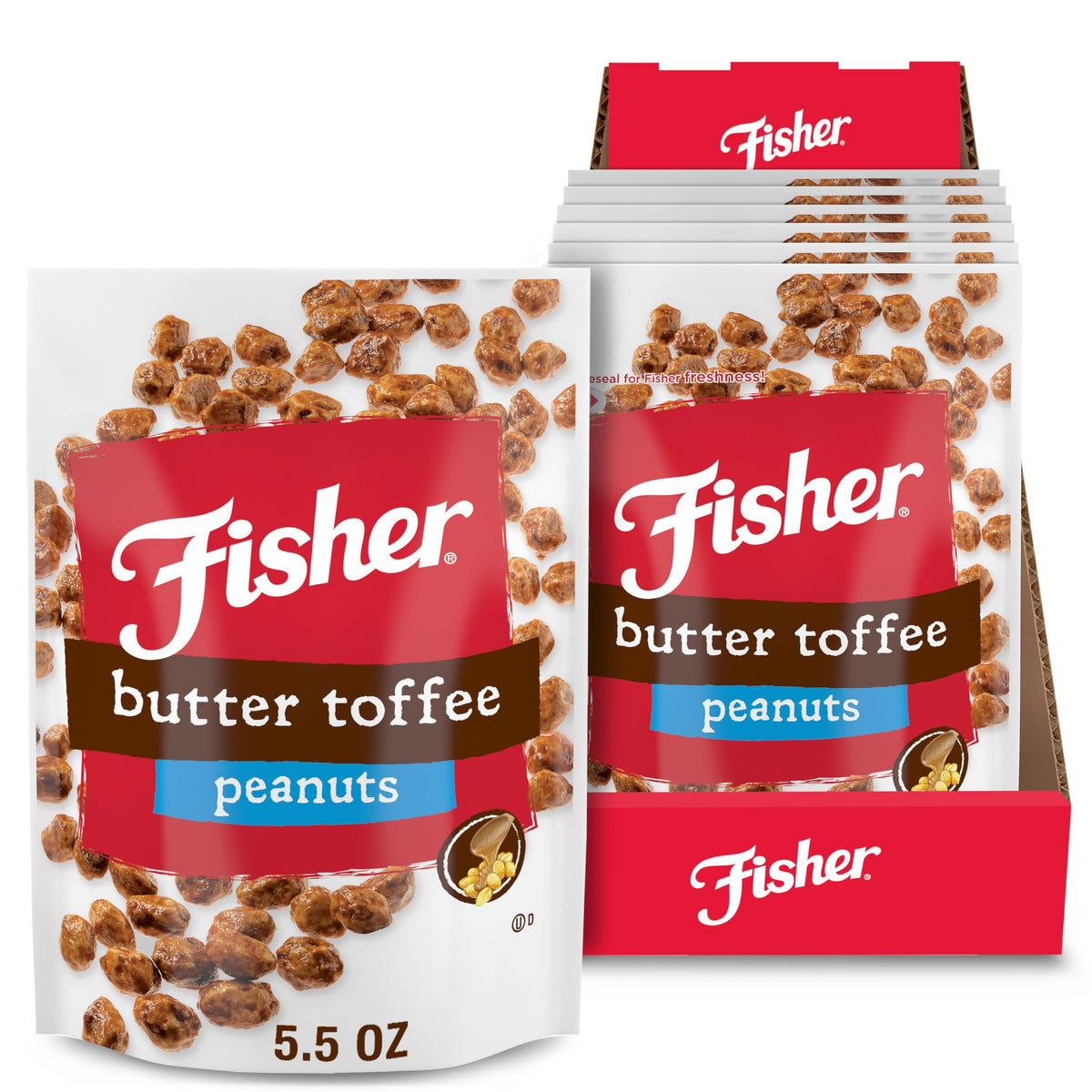 Fisher Snack Butter Toffee Peanuts on the front pack, a crave-worthy treat with protein-rich snacking.