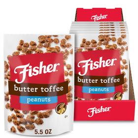 Fisher Snack Butter Toffee Peanuts on the front pack, a crave-worthy treat with protein-rich snacking.