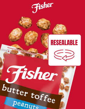 Fisher Snack Butter Toffee Peanuts protein info shows 5 g per serving for mindful snacking.