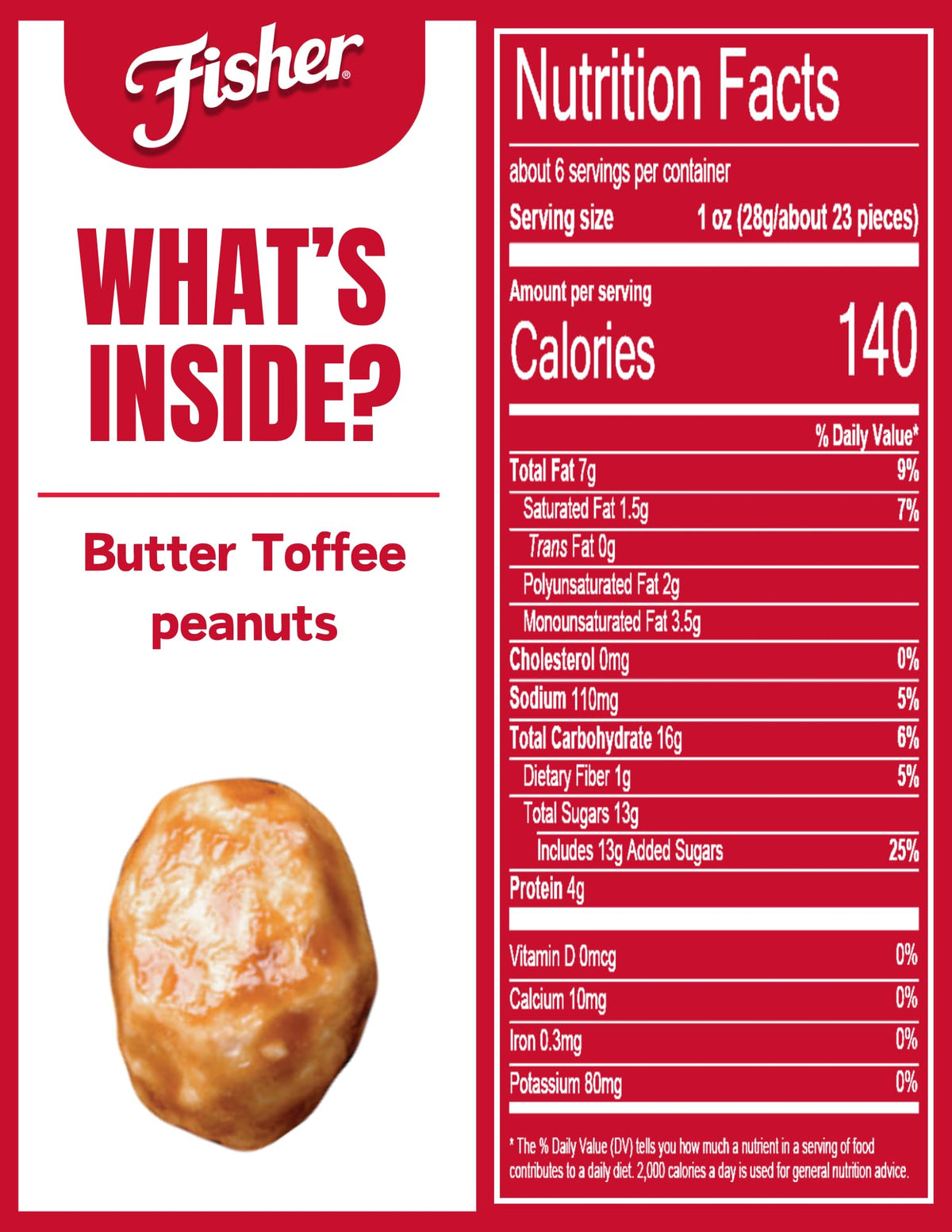 Fisher Snack Butter Toffee Peanuts resealable pouch for easy grab-and-go snacking.