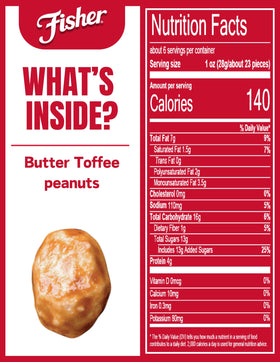 Fisher Snack Butter Toffee Peanuts resealable pouch for easy grab-and-go snacking.