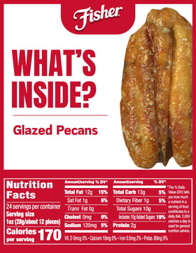 Fisher Snack Candied Pecans glazed-closeup reveals caramelized sweetness and crunchy texture.