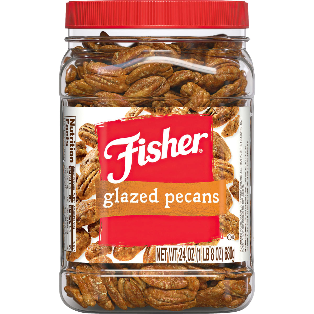 Fisher Snack Candied Pecans jar-front display with premium glaze and gifting appeal.