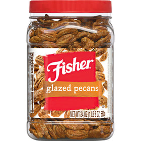 Fisher Snack Candied Pecans jar-front display with premium glaze and gifting appeal.