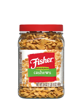 Fisher Snack Cashew Halves and Pieces in a 24oz canister for easy pantry snacking.